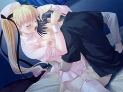 ayase_hazuki bed blush breast_sucking breasts closed_eyes cum cum_in_pussy cum_inside female garter_straps kiryuu_arisa long_hair makai_princess norn_(company) nurse sex thighhighs vaginal_penetration