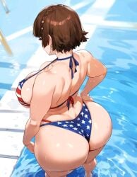 1girl 1girls 4th_of_july above_view ai_generated american_flag_bikini atlus behind_view big_ass big_breasts big_butt bikini bikini_bottom bikini_top brown_hair earrings feet female female_only huge_ass huge_breasts large_ass large_breasts lucyla makoto_niijima persona persona_5 pool poolside skimpy_bikini solo solo_female solo_focus sweat voluptuous voluptuous_female