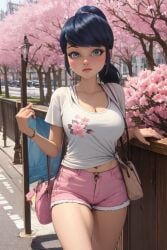 ai_generated ai_hands blue_eyes blue_hair cherry_blossoms chloenette69 large_breasts looking_at_viewer marinette_cheng marinette_dupain-cheng miraculous_ladybug pink_shorts white_t-shirt