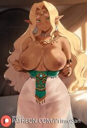 1girls ai_generated blonde_hair body_markings breasts breasts_out dark-skinned_female dress elf facial_tattoo female green_eyes humanoid jewelry large_breasts mature_female mature_woman nintendo nipples primosan pussy_juice see-through_clothing smile sonia_(tears_of_the_kingdom) standing tears_of_the_kingdom the_legend_of_zelda wavy_hair