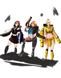 2024 3girls battlemech battletech bellybutton blonde_hair brown_hair clan_(battletech) commission eza_(sketchmob) female gun_arm headband hellbringer_(battlemech) horn loincloth mech mecha mechagirl mechwarrior midriff natasha_kerensky navel skirt strawberry_blonde_hair tagme warhammer_(battlemech) white_background