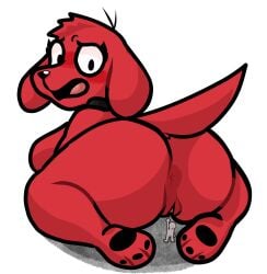 2023 anthro anus ass behind_another big_butt black_collar blush breasts canid canine canis clifford_(red_dog) clifford_the_big_red_dog collar digital_drawing_(artwork) digital_media_(artwork) domestic_dog duo extreme_size_difference female floppy_ears genderswap genderswap_(mtf) genitals gesture hand_gesture hi_res human kneeling lewdewott looking_back macro mammal open_mouth pointing pointing_up pussy rear_view red_body rule_63 simple_background size_difference standing thick_thighs white_background