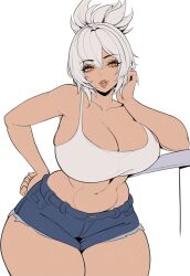 1girls 2024 ai_generated big_breasts breasts cleavage curvy denim_shorts hand_in_hair huge_breasts large_breasts league_of_legends lips looking_at_viewer nai_diffusion orange_eyes riot_games riven shorts solo stable_diffusion tank_top thick_lips thick_thighs white_hair