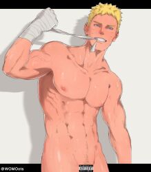 1boy abs bara bare_pectorals blonde_hair blue_eyes gay male male_focus male_only naruto naruto_(series) naruto_shippuden nipples nude solo uzumaki_naruto womo_ots yaoi