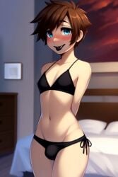 ai_generated bedroom_background black_bikini black_lips blue_eyes blurred_background blush brown_hair bulge embarrassed femboy frosting.ai happy human male niko1998 solo standing