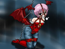 ball_gag blush bondage capcom chains clothing collar cum darkstalkers demon demon_girl female flat_chest gag head_wings headwings lili_(artist) lilish lilith_aensland pantyhose succubus sweat tears