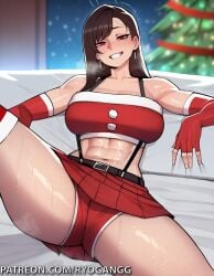 abs ai_generated christmas christmas_outfit crop_top final_fantasy final_fantasy_vii fingerless_gloves gloves large_ass muscular_female ryogangg santa_costume skirt thick_thighs thighhighs tifa_lockhart