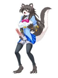 accessory anthro barefoot big_breasts big_penis black_body black_fur black_hair blush bodily_fluids bottomwear breasts canid canine canis censored censored_genitalia censored_penis claws clothing corruption cupping_breasts feet fur genitals grey_body grey_fur hair intersex jewelry leona_(mgratmd) magical_girl_outfit magical_girl_rika_and_the_monster_dungeon mammal mephitid morumotto2234 navel nipples open_mouth panties pawpads paws penis saliva skirt skunk skunk_tail solo tail toe_claws transformation underwear wolf yellow_eyes
