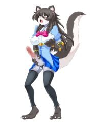 accessory anthro barefoot big_breasts big_penis black_body black_fur black_hair blush bodily_fluids bottomwear breasts canid canine canis censored censored_genitalia censored_penis claws clothing corruption cupping_breasts feet fur genitals grey_body grey_fur hair intersex jewelry leona_(mgratmd) magical_girl_outfit magical_girl_rika_and_the_monster_dungeon male_focus mammal mephitid morumotto2234 navel nipples open_mouth panties pawpads paws penis saliva skirt skunk skunk_tail solo tail toe_claws transformation underwear wolf yellow_eyes