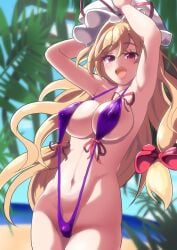 :d arms_on_head bikini blue_sky bow cloud cloudy_sky commentary_request covered_nipples cowboy_shot female groin happy hat highres long_hair mob_cap navel nioti ocean outdoors palm_tree purple_bikini red_bow red_eyes red_ribbon ribbon sand sky slingshot_swimsuit smile solo swimsuit touhou tree very_long_hair wavy_hair white_hat yakumo_yukari yukari's_gap_bikini_(meme)