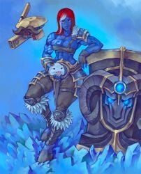 2020 abs alien_girl armpitcore420 blue_skin braum breast_squish breasts clothed_female cosplay crossover_cosplay female hooves league_of_legends muscular_female red_hair smile tagme tau warhammer_(franchise) warhammer_40k
