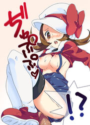 blush breasts brown_hair censored clothed_sex clothing female long_hair lyra_(pokemon) male nakamura_sandayo nintendo open_mouth overalls overalls_aside penetration penis pokemon pokemon_hgss pussy sex spread_legs thighhighs vaginal_penetration