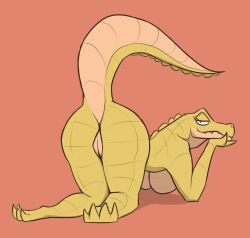 2023 4_toes all_fours alligator alligatorid anthro ass biped breasts crocodilian digital_media_(artwork) feet genitals half-closed_eyes hi_res looking_at_viewer narrowed_eyes non-mammal_breasts pussy raised_tail reptile scalie simple_background tail toes zagz