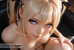 1girl ai_generated artist_name black_ribbon blonde_hair blue_eyes breasts closed_mouth closeup collarbone completely_nude dead_or_alive eyelashes fingernails from_above hair_ornament hair_ribbon lips long_hair looking_at_viewer looking_up marie_rose medium_breasts navel nose nude patreon_username realistic ribbon sidelocks sitting small_breasts smile solo twintails x_hair_ornament xadrid