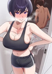 1boy 1girls absurdres aftersex black_hair black_shorts black_sports_bra blush breasts c-kyuu cfnm cleavage clothed_female_nude_male collarbone commentary condom cowboy_shot crop_top cum cum_on_body cum_on_breasts cum_on_upper_body dolphin_shorts doorway hands_on_own_hips hetero highres holding holding_condom implied_after_sex large_breasts male_ass male_ass_focus male_butt male_butt_focus midriff navel nude only_one_naked original parted_lips purple_eyes short_hair shorts smile solo_focus sports_bra standing steaming_body sweat used_condom