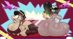 2girls ass black_vinegar_cookie bra breasts brown_hair clothed_female cookie_run female female_only fromariels full_body gas_mask huge_ass huge_breasts large_breasts long_hair looking_at_viewer mochaccino_cookie one_eye_closed panties smile thighhighs wink