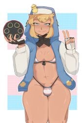 big_bulge big_penis big_thighs bikini blonde_female blonde_hair blue_eyes bridget bridget_(guilty_gear) bulge bulge_through_clothing gold_jewelry guilty_gear guilty_gear_strive nervous nervous_smile sr.aguacate thick_thighs trans_flag trans_woman white_body woman