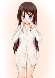 blue_eyes blush bottomless breasts brown_hair dress_shirt hanamaru_youchien highres long_hair naked_shirt nipples no_bra no_panties nurie pussy see-through shirt smile tsuchida_satsuki uncensored