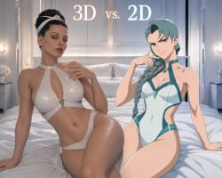 2d 2d_(artwork) 2girls 3d 3d_(artwork) ai ai_generated alternate_version_available angela_sarafyan bed bedroom bedroom_eyes bikini choose_your_own_adventure clothed clothed_female clothing crossed_legs crossing_legs dc dc_comics duo duo_female duo_focus female female_focus female_only kryptonian lara_lor-van milf milf_body mommy mother my_adventures_with_superman seductive seductive_eyes seductive_pose sitting sitting_on_bed superman_(2025) superman_(series) swimsuit text thighs