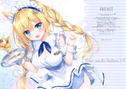 1girl ameto_yuki animal_ears blonde_hair blush breasts cleavage fox_ears fox_girl frilled_skirt frills garter_belt hair_ornament highres large_breasts maid maid_apron maid_headdress maid_outfit maid_uniform original parfait shirt skirt stockings thighhighs