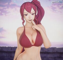 1girls anna_(fire_emblem) anna_(fire_emblem:_three_houses) balcony bare_arms bare_shoulders breast_press breasts collarbone dochaunt24 female female_only finger_to_mouth fire_emblem:_three_houses grin hand_up large_breasts long_hair outdoors ponytail red_hair shoulders side_ponytail solo standing