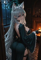 1girl ahoge ai_generated animal_ear_fluff animal_ears ass backless_dress backless_outfit black_choker black_dress black_gloves black_halo blue_archive blue_eyes blush breasts broken_halo candle choker clothing copyright_name cross_hair_ornament dark_halo dress extra_ears female fire fireplace from_behind gloves grey_hair grin hair_between_eyes hair_ornament halo holster indoors large_breasts long_dress long_hair long_sleeves looking_at_viewer looking_back night shiroko_(blue_archive) shiroko_(terror)_(blue_archive) shiroko_terror_(blue_archive) side_slit smile solo sunaookami_shiroko thigh_holster thigh_strap thighs tiles v vantawaifu very_long_hair wide_sleeves window wolf_ears wolf_girl