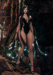 artist_request asian asian_female bare_arms bare_legs bare_thighs barefoot black_hair bracelet child_bearing_hips cleavage cleavage_cutout fingernails high_heels hourglass_figure hourglass_figured_female large_breasts lingerie long_fingernails long_hair long_legs one-piece_swimsuit painted_fingernails posing posing_for_picture posing_for_the_viewer raven_(stellar_blade) slim_waist stellar_blade tagme thick_thighs video_game_character wide_hips