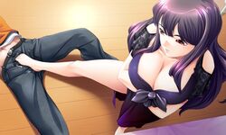 artist_request barefoot breasts brother brother_and_sister bulge cleavage clothed_erection cum cum_in_pants cum_on_clothes erection feet female femdom footjob from_above game_cg incest large_breasts male penis purple_hair red_eyes siblings sister straight