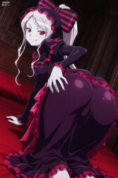 1boy absurdres adult ai_assisted ai_generated all_fours big_breasts breasts female hand_on_ass heeven highres looking_back male mature on_bed overlord_(maruyama) patreon patreon_username perfect_body shalltear_bloodfallen uncensored