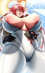 1girl artist_request cleavage from_below guilty_gear guilty_gear_strive jack-o'_valentine large_breasts lips milf_body red_hair sweat sweaty thick_thighs tummy visible_nipples wide_hips
