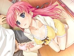 1boy breasts censored cum cum_on_body cum_on_breasts cum_on_upper_body female game_cg handjob happoubi_jin human kanojo_x_kanojo_x_kanojo male orifushi_akina panty_on_penis pantyjob pink_hair shiki_haruomi straight yokozuwari