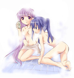 2girls arm arms artist_request ass back bare_back bare_shoulders barefoot bathing blue_eyes blue_hair blush breasts feet female female_only fire_emblem fire_emblem:_the_binding_blade holding hug kneeling legs lilina_(fire_emblem) long_hair lowres manakete multiple_females multiple_girls navel nintendo no_nipples nude open_mouth ponytail purple_eyes purple_hair sophia_(fire_emblem) steam tied_hair towel towel_on_legs very_long_hair yuri