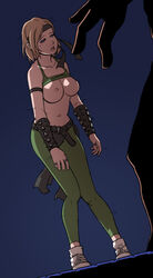 2d armband belt blonde_hair blue_eyes blush breasts dave_cheung defeated drooling fatality female gauntlets headband imminent_rape jewelry large_breasts leggings legwear mortal_kombat navel nipples open_mouth partial_male saliva scorpion_(mortal_kombat) shirt_lift shoes sneakers sonya_blade spandex stockings tank_top thighhighs trembling