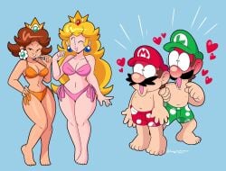 2boys 2girls aroused baseball_cap bathing_suit big_breasts bikini blonde_hair blushing breasts brown_hair clothed crown funnyhoohooman hearts luigi mario mario_(series) mustache nintendo nipples pale_skin princess_daisy princess_peach shirtless shirtless_male swimming_trunks swimsuit tan_skin turned_on