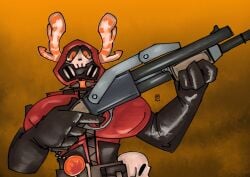 1girls 2d 2d_(artwork) antlers big_breasts breasts commission drozhi elbow_gloves female fempyro firearm gas_mask gun holding_gun holding_weapon hollow_eyes hood huge_breasts imminent_death large_breasts latex latex_armwear latex_suit looking_at_viewer looking_down low-angle_view mask masked masked_female mercenary oc orange_eyes pterikon pyro pyro_(team_fortress_2) shotgun skull skull_mask skull_ornament solo solo_focus spiked_collar team_fortress_2 threatening valve weapon zipper