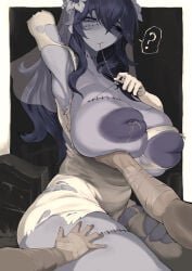 1girls blue_hair blue_skin bride female graveflower_verbena h_spike highres huge_breasts inverted_nipples lactation nyanko_daisensou puffy_nipples stitches tagme the_battle_cats thick_thighs zombie zombie_girl