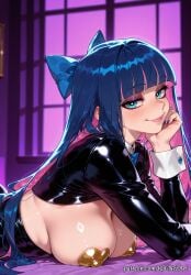 1girl 2026 ai_generated anime bangs blue_bow blue_eyes blue_hair blue_nails blunt_bangs blush boobs bow breasts cleavage colored_inner_hair covered_nipples crossover eye_contact female female_focus flushed hair_bow heart_pasties highres huge_breasts large_breasts long_hair long_sleeves looking_at_viewer lying meme_attire multicolored_hair nsfw on_stomach panty_&_stocking_with_garterbelt pasties patreon pink_hair reverse_bunnysuit reverse_outfit rognezart shiny shrug_(clothing) smile smiling solo stocking_(psg) stocking_anarchy two-tone_hair very_long_hair