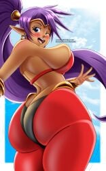1girls artist_request ass blue_eyes butt_crack clothed dark_skin earrings female harem_pants hoop_earrings long_hair looking_at_viewer looking_back pants pointy_ears ponytail purple_hair shantae shantae_(character) smile solo tagme thick_thighs thighs underboob very_long_hair