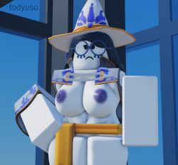 1girls 3d azuri_(block_tales) block_tales blue_areola breasts_out glasses hand_on_hip image partially_clothed roblox robloxian self_upload solo tagme white_skin witch witch_hat