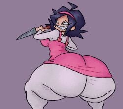 1girls ass ass_focus black_hair clothed clothed_female female female_only friday_night_funkin holding holding_knife huge_ass knife looking_at_viewer looking_back nene_(newgrounds) newgrounds rear_view short_hair smile solo solo_female squatting weapon
