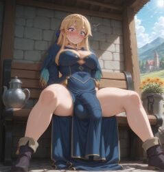 ai_art ai_generated balls ballsack bangs blonde_hair blue_eyes blush_lines blushing bulge bulge_down_leg bulge_through_clothing bulge_under_clothes choker civitai cock dickgirl dickgirl_focus dress embarrassed flushed flushed_face flustered full_body fully_clothed futa_focus futanari hair_bow heavy_blush heavy_breathing hi_res high_quality high_resolution highres huge_cock huge_penis leaning_back legs_apart looking_at_penis looking_down nervous patreon penis royal royalty self_upload serafina_de_lavillant side_slit side_slit_dress sitting stable_diffusion the_warrior_princess_and_the_barbaric_king uncensored upscaled wide_eyed wide_thighs yuckle