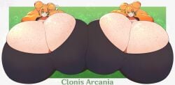 2girls breasts_bigger_than_head breasts_pressed_against_another clone clones elf_ears elf_female freckles huge_breasts hyper_breasts looking_at_viewer orange_hair purpleguyri riley_moore_(artist) rilli_oshina tagme twins