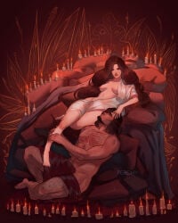 aphares aphrodite aphrodite_(greek_mythology) ares ares_(greek_mythology) beard bed body_hair breasts breasts_out brunette brunette_hair candles daddy greek_mythology hairy_chest half-dressed looking_at_partner looking_up petting_head pillow romantic romantic_couple