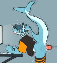 anal anal_juice anthro bent_over blue_body blue_hair blue_skin bottomless bottomless_male computer countershade_face countershade_torso countershading desk furry furry_only gaming gay gay_male hair_covering_eyes headset leaning_forward myhht open_mouth original original_character partially_clothed precum saliva_string self_upload sex_machine sex_toy shark shark_tail sharp_teeth simple_background solo solo_focus solo_male tail thighhighs thighs tongue_out