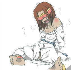 1girls arms_behind arms_behind_back bare_shoulders barefoot blindfold blush body_blush brown_hair cum cum_pool cumpool feet female final_fantasy final_fantasy_tactics final_fantasy_tactics_(original) headband henoeno human kanenaga open_mouth rapha_galthena short_hair solo spread_legs text torn_clothes trembling