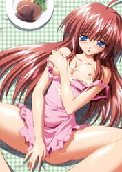 apron blue_eyes blush breasts brown_hair cum cum_on_body cum_on_breasts cum_on_upper_body food kanzaki_aoi large_breasts long_hair true_blue