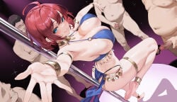 1girls 4boys ahoge aoi_sakura_(seak5545) armpits big_breasts blue-eyed_female blue_eyes blush bra breasts cleavage dancer feet female female_focus jewelry light-skinned_female light_skin loincloth looking_at_viewer male male_masturbation masturbation medium-haired_female medium_hair nude nude_male original original_character red-haired_female red_hair revealing_clothes soles stripper_pole thighs toes