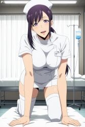 1girl :d ai_generated all_fours bed blush breasts curtains digitalwaifugallery hat hi_res high_quality high_resolution hospital hospital_bed indoors infirmary intravenous_drip large_breasts long_hair looking_at_viewer name_tag nurse nurse_cap open_mouth panties patreon ponytail purple_eyes purple_hair seductive sexy smile solo solo_leveling sung_jin-ah thighhighs uncensored underwear watermark white_thighhighs