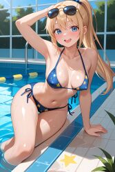 1girl abdomen ai_generated bikini blonde_hair blue_bikini blue_bikini_bottom blue_bikini_top blue_eyes blushing breasts cheerful cleavage erect_nipples hand_on_head happy hips long_hair looking_at_viewer medium_breasts midriff navel one_arm_up open_mouth pixai ponytail pool_background reclining_pose sexy_pose slim_body star_print sunglasses_on_head thighs waist wet_body