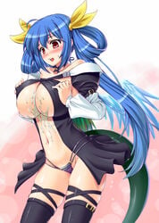 after_paizuri arc_system_works blue_hair breast_squeeze breasts cum cum_on_body cum_on_breasts cum_on_upper_body dizzy_(guilty_gear) guilty_gear huge_breasts kawase_seiki large_breasts long_hair navel red_eyes tail thighhighs thong tied_hair twintails underboob wings